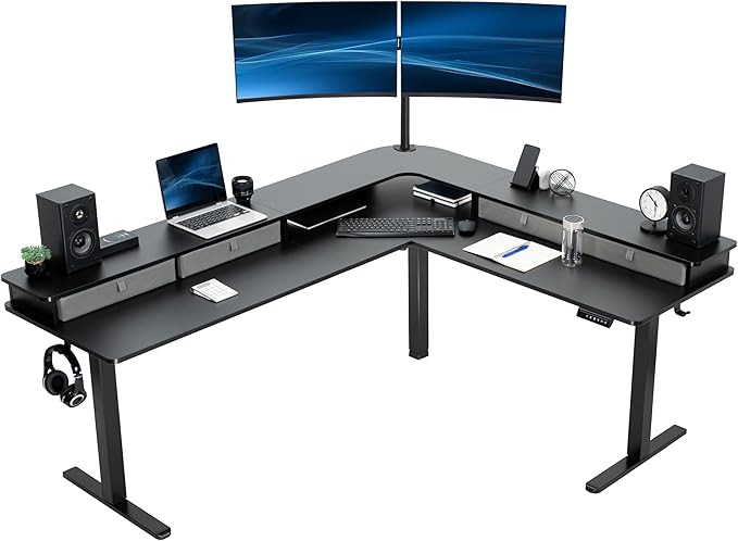 VIVO Electric Mobile Corner 75 x 63 inch 2 Tier Stand Up L-Shaped Desk Height Adjustable Memory Controller Storage Drawers Black Top Black Frame DESK-E3CVB-75