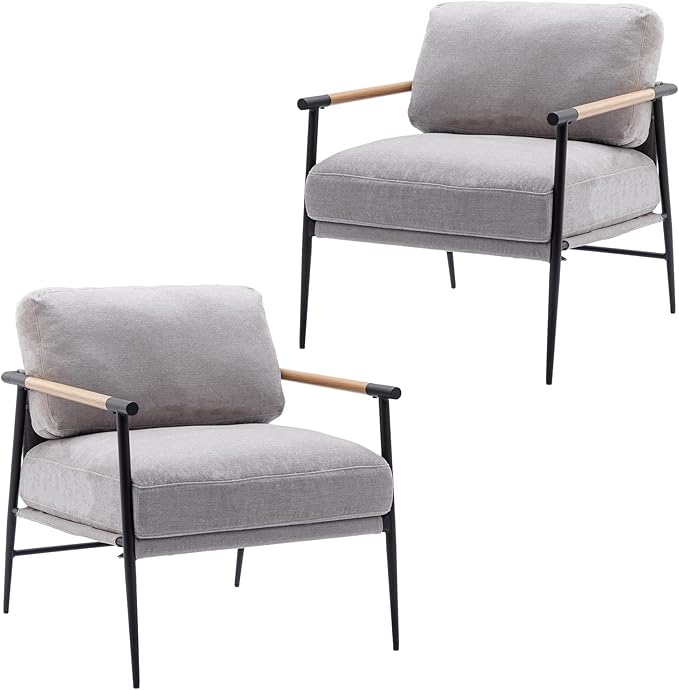 DUOMAY Mid-Century Modern Accent Chair Armchair Set of 2 Soft Linen Fabric Sofa Lounge Chair Reading Chair with Metal Leg for Living Room Bedroom Office Grey
