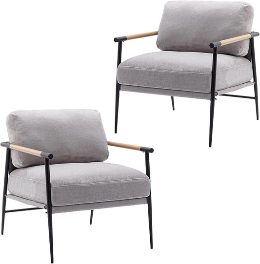 DUOMAY Mid-Century Modern Accent Chair Armchair Set of 2 Soft Linen Fabric Sofa Lounge Chair Reading Chair with Metal Leg for Living Room Bedroom Office Grey