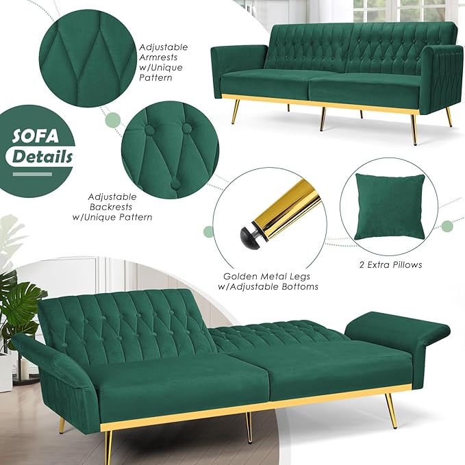 70 Velvet Futon with Adjustable Backrest and Armrests Sofa Bed with Extra Pillows for Waiting Room Living Room and Office Green