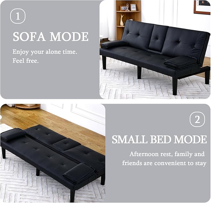 Convertible Sleeper Sofa Bed Modern Leather Futon Couch Bed Twin Size 67'' Recliner Reversible Loveseat Folding Couches Guest Bed for Small Spaces Living Room Office Dorm RV 2 Cupholders (Black)