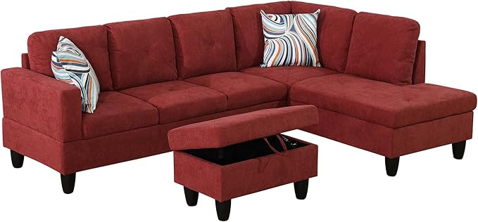 L Shaped Couch Sectional Couch Upholstered Flannelette 3 Pieces Sofas for Living Room with Chaise Ottoman with Storage for Office and Small Apartment Red