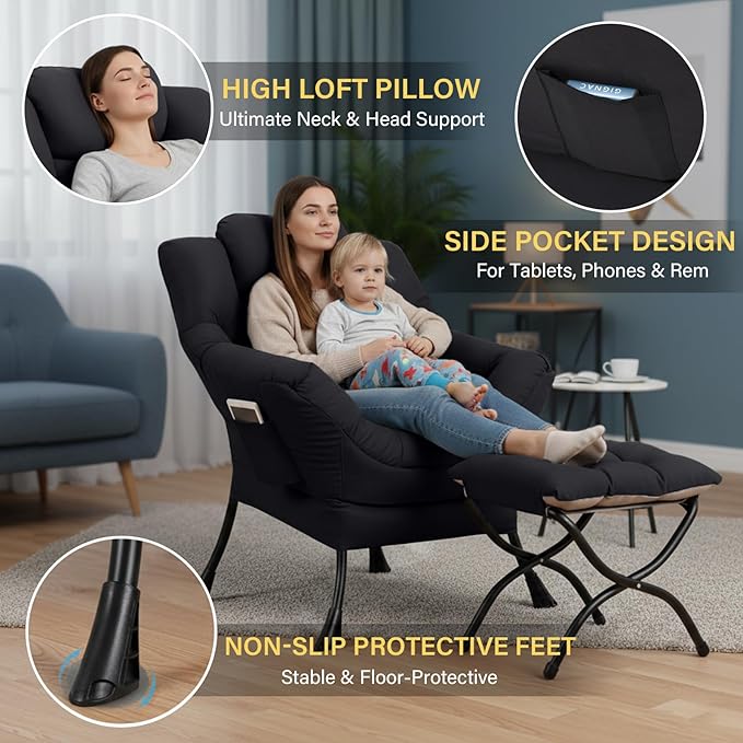 Cozy Lazy Chair and Ottoman Large Peach Black Contemporary Accent Chair Set Leisure Upholstered Reading Armchair for Office Bedroom Living Room Dorm Rooms Balcony
