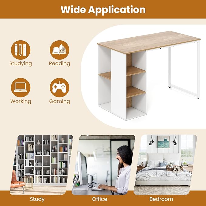 GOFLAME 45” Computer Desk Modern Home Office Desk with 5 Storage Compartments Multipurpose Writing Desk PC Workstation Laptop Desk with Heavy-Duty Metal Frame for Study Room Bedroom