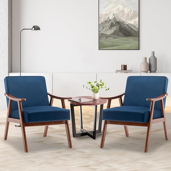 Mid Century Modern Accent Chairs with Solid Wood Frame Comfortable Accent Chair with Arms for Living Room or BedroomBlue