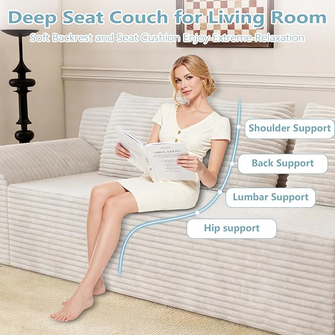 71Cloud Loveseat SofaModern 2-Seater Boneless Couch with 3Pillows &amp Side PocketSoft Corduroy LoveseatCompressed FoamDeep SeatNo Assembly for Living RoomBedroomApartment(Tilted Armrest Whi