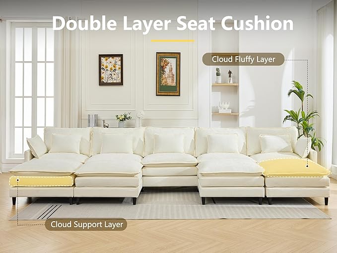 DRMBOOK 180.6'' U Shaped Modular Sectional Cloud Couch Comfy Upholstered 5 Seater Sofa Modern Deep Seat Modular Sofa Couches with Ottoman for Living Room (Chenille Cream Beige 5 Seat+4 Ottoman)