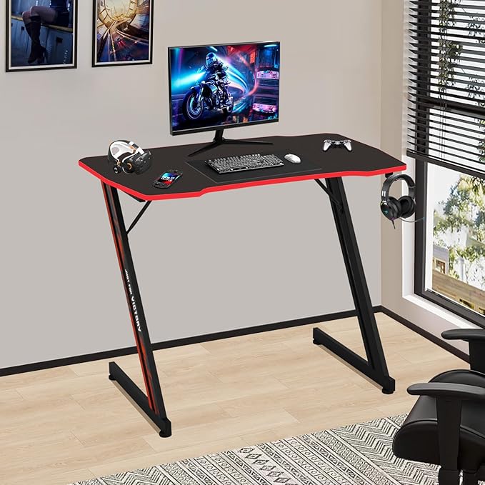 Gaming Desk 35 Inch Z-Shaped Gaming Computer Desk Modern Ergonomic PC Computer Table Home Office Desk Racing Style Gaming Workstation with Headphone Hook Red
