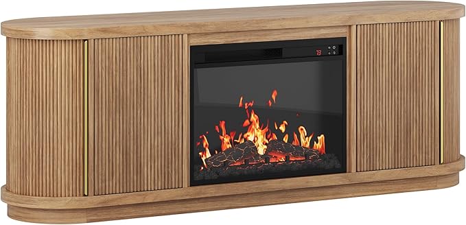 BELLEZE 67 Fluted TV Stand with Electric Fireplace Heater w/Sound Curved Entertainment Center with Sliding Tambour Doors Media Console Table for TV up to 75 for Living Room (Camel)