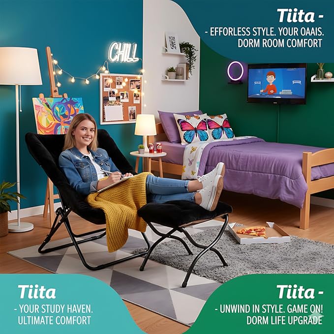 Tiita Folded Chair with Ottoman Soft Faux Fur Oversized Folding Accent ChairLazy Chair Metal Frame Moon Chair for Bedroom Living Room Dorm Rooms Garden and Courtyard