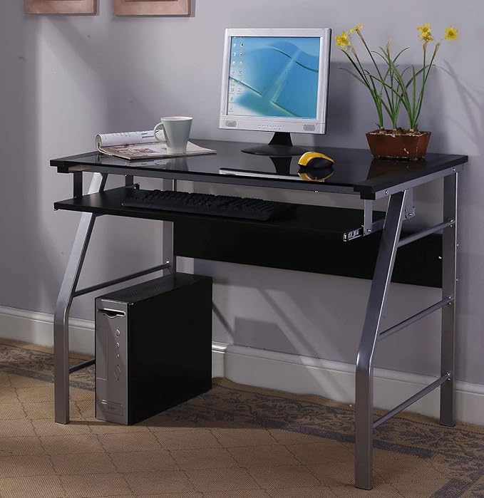 KB Designs - Silver Metal/Black Glass Home Office Computer Desk