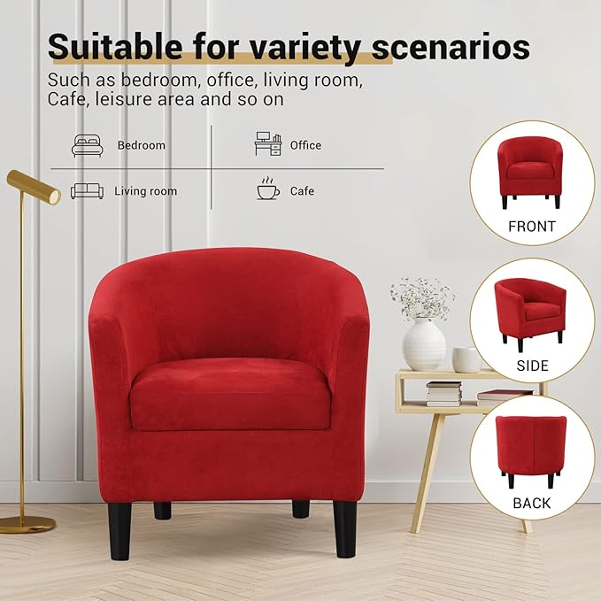 INZOY Modern Accent Chair with Ottoman Upholstered Barrel Reading Chair with Foot Rest Comfy Fabric Armchairs for Living Room Bedroom Small Spaces Easy to Assemble (Red)