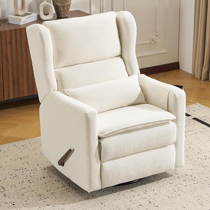 Swivel Rocker Recliner for Adults Glider Recliner Nursery Chair with Adjustable Headrest Manual Rocker Recliner with Cup Holder and Side Pockets White