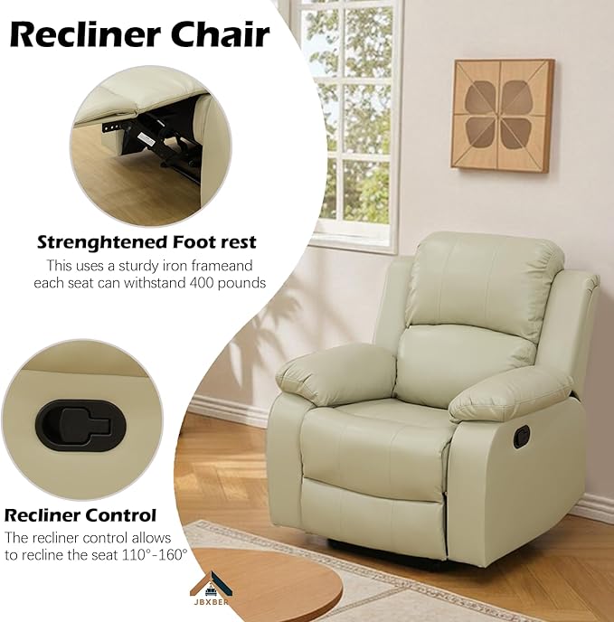 Manual Recliner Sofa Set for Living Room Leather Reclining Sofa Sets Faux Leather Couch Set with Cup Holders Drop-Down Table and Storage Console(Sofa and ChairBeige)