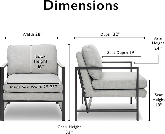 Tommy Hilfiger Russell AccentChair Medium-Soft Pillow Back Mid-Century Modern &amp Industrial Armchair Comfortable LoungeChair for Living Room Bedroom or Office Gray Square Metal Frame in Light
