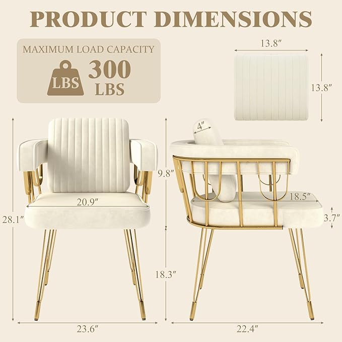 Set of 2 Vanity Chair with Back Velvet Upholstered Accent Makeup Chairs No Wheels with Golden Legs for Modern Glam Living Room Bedroom Home Office Nail Spa Girls &amp Women Beige
