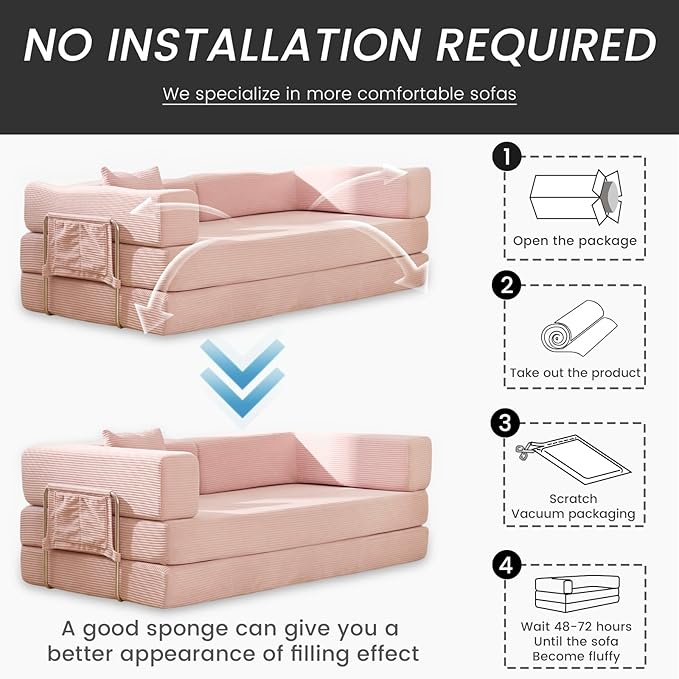 Convertible Sleeper Sofa Bed Corduroy Upholstered Modular Floor Couch Queen/King Size Foldable Futon with futon Memory Foam for Apartment Living Room Bedroom (Pink 80.15) | Convertible sofa bed