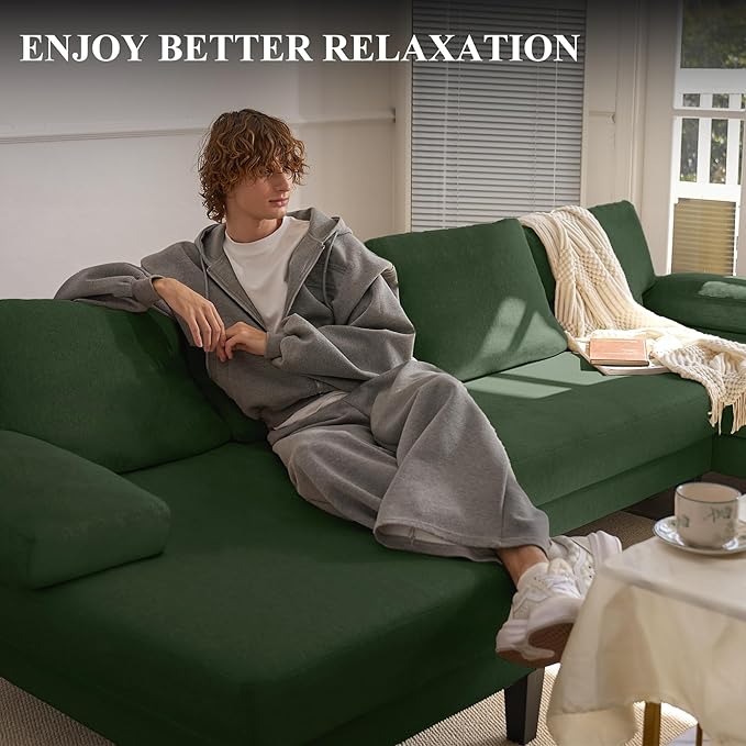 110 U-Shaped Sectional Sofa Couch for Living RoomModern Modular Sofa with Double ChaiseClassic Lounge Couch Sleeper for Apartment Green Linen