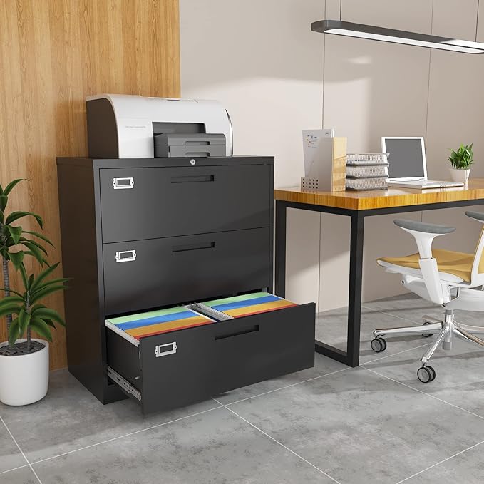 Lateral File Cabinet with LockMetal Filing Cabinet with 3 DrawerSteel Lateral File Cabinet for Legal/Letter A4 SizeWide File Cabinet for Office HomeAssembly Required