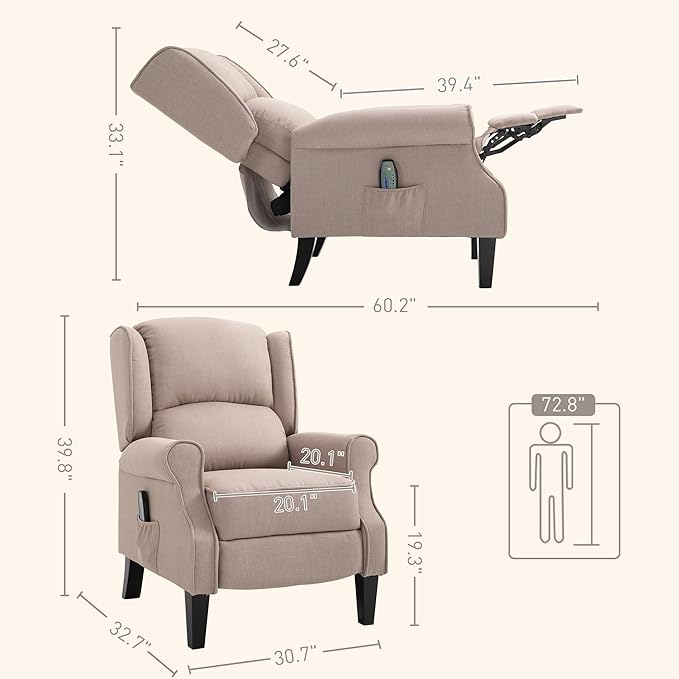 HOMCOM Vibration Massage Recliner Chair for Living Room with Heat Wingback Single Sofa Modern Linen Fabric Push Back Reclining Chair with Footrest Side Pocket Dark Beige