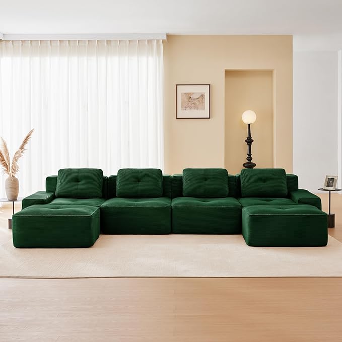  153 U Shaped Modular Boneless Sofa Couch for Living Room Green Sectional Large Sofa with Corduroy Fabric 4-Seater Tufted Couch with Deep Seat and Movable OttomanNo Assembly