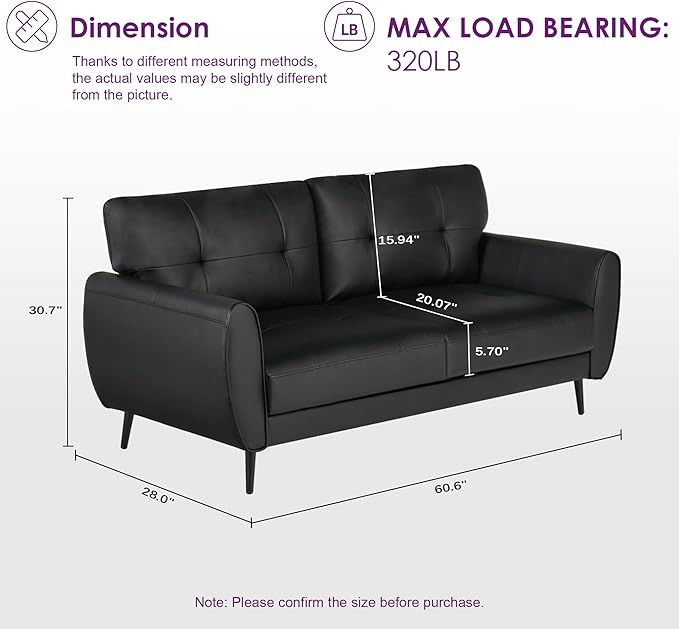 TYBOATLE Sofa Couch 61 Small Loveseat Couches for Living Room Leather Couch Mid Century Modern Tufted Mini Sofa Comfy Office 2 Seat Settee Love Seat for Small Spaces Bedroom (2 Black)