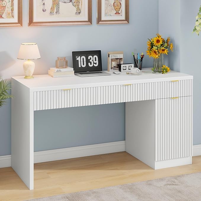 60 Executive Desk with Fluted Drawers Wood Home Office Desk with Storage Cabinet Fluted Reversible Computer Writing Desk for Study Living RoomWhite