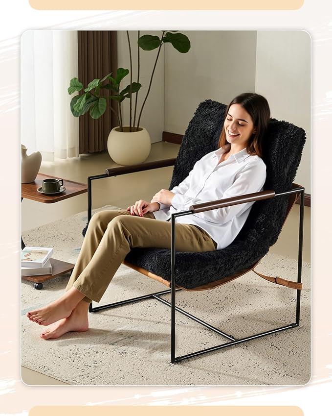 Karl home Modern Accent Chair Plush Fleece Upholstered Living Room Chair with Metal Frame Wooden Armrest Comfy Lounge Armchair for Living Room Bedroom Balcony Reading Room Black