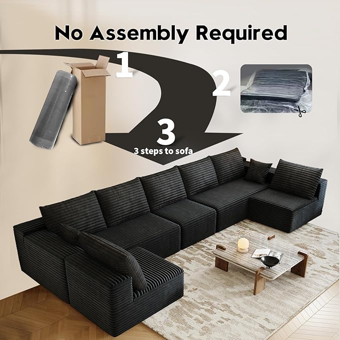 168.5 Modular Sectional Sofa Oversized U-Shaped Minimalist Couches with 3 Middle Seats Chaise Modern Deep Seat Convertible Sleeper Sofa Cloud Plush Corduroy Fabric7 Seater Black