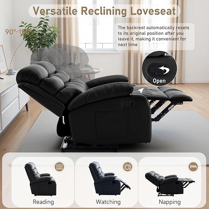 Faux Leather Reclining Loveseat Manual Double Love Seat Recliner RV Loveseat Recliner with Side Pockets for Living Room Home Theater Black