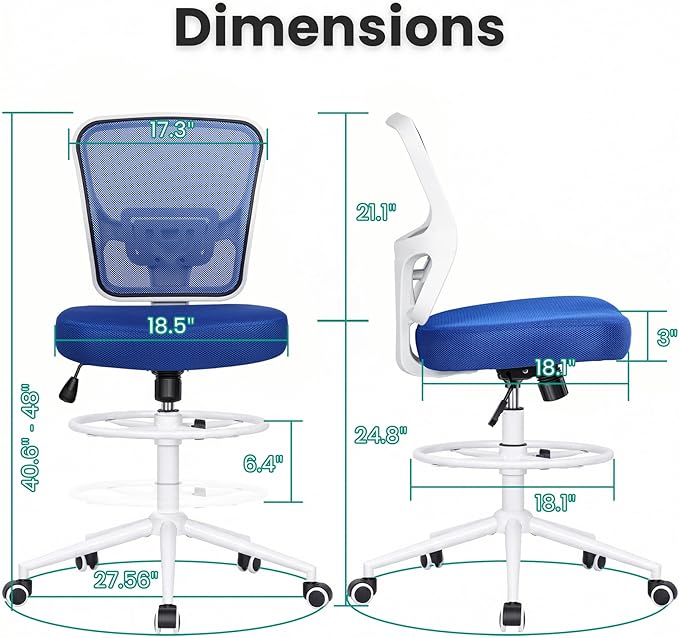 Armless Drafting Chair Tall Office Chair for Standing Desk - Adjustable Height Mesh Ergonomic Stool with Foot Ring Rolling Counter Height Computer Chair for Small Spaces &amp Home Office