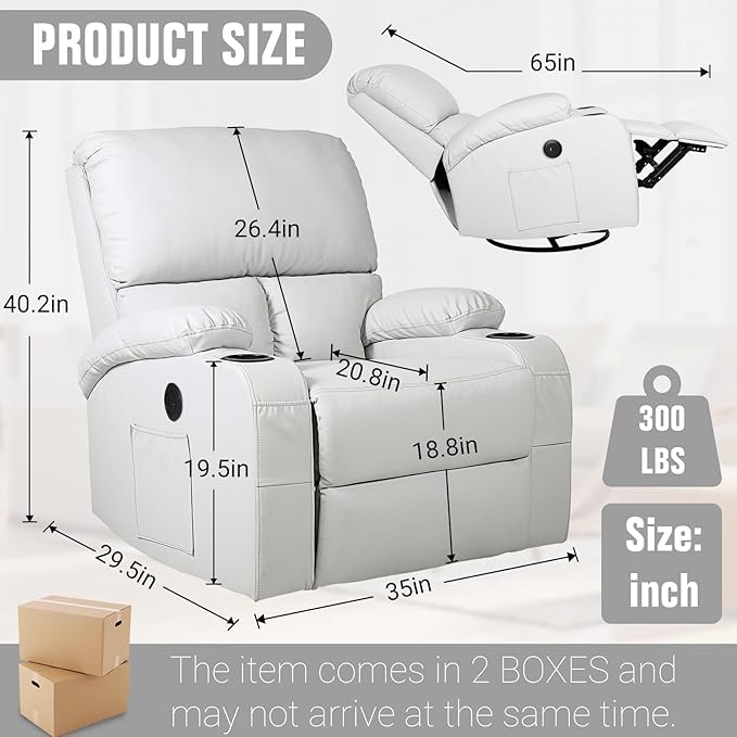 LEVELEVE Rocking Recliner Chair Massage Chair with Vibration Massage and Heat 360° Swivel Recliner Chairs Living Room Bedroom Nursery RV Grey