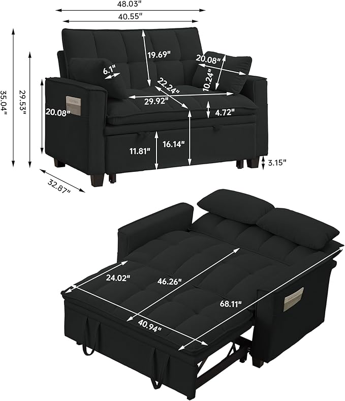 Folding Sofa Bed 3 in 1 Love Seat Couches Convertible Sleeper Chair with Storage Adjustable Backrest Pull Out Living Room Sofas Couch for Small Space Bedroom and Reading (Black)