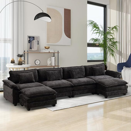 Modular Sectional Sofa Cloud Couch with Ottoman Deep Seat L Shaped Chenille Sofa Couches for Living Room Apartment (Black U-Shaped &amp 2 Ottoman)