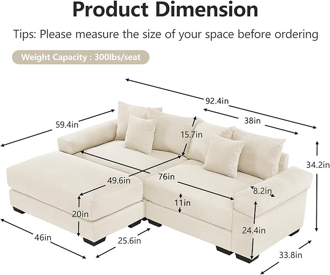92 Corduroy Sectional Couches for Living Room Beige Comfy Oversized Sectional Sofa Set with Deep Seat Large Love Seat Couches with 1 Ottoman Sofas para Sala Loveseat Couch with Chaise Lounge