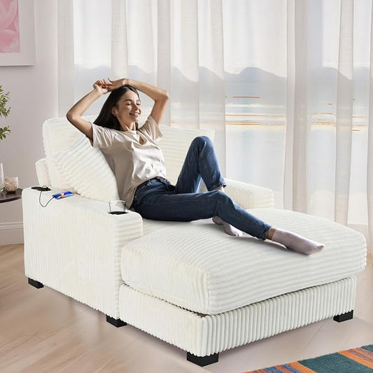 41 Chaise Lounge Indoor with 2 Pillows Adjustable Backrest Comfy Reading Chair with USB Charger Cup Holder Corduroy Sofa Bed Lazy Chair Sleeper Couch Small Couch for Apartment Whtie
