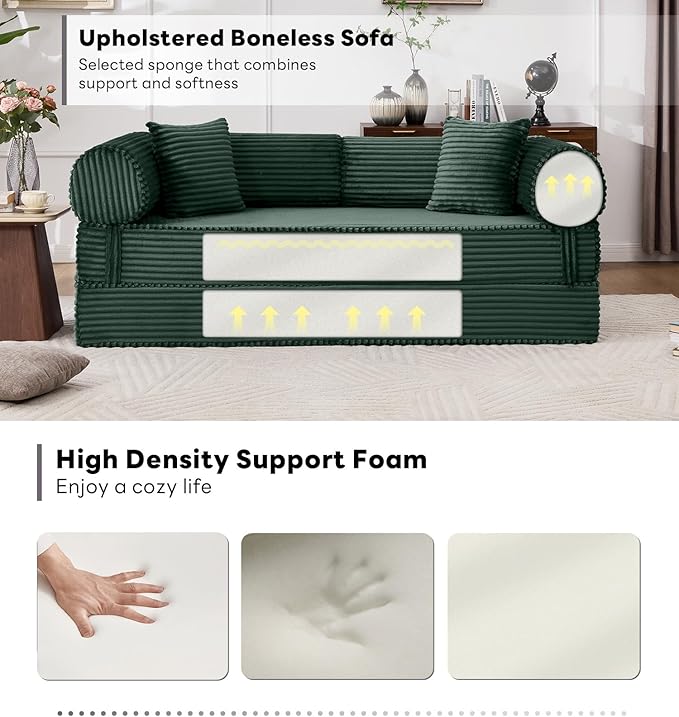 Tbfit 79'' Convertible Sofa Bed Oversized Corduroy Folding Boneless Couch Futon Mattress Sleeper Sofa Comfy Foldable Upholstered Floor Couches for Living Room Dark Green