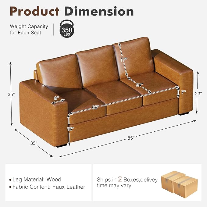 ABCASA 85 Sofa Couches for Living Room Faux Leather Sofa 3-Seater Comfy Modern Couch for Apartment OfficeBrown