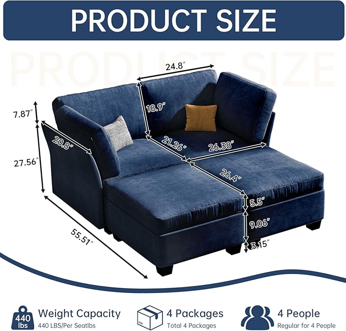 Modern Sofa Modular sectional Cloud Couch with 2 Ottomans 6-seat Chenille deep-seat with Storage and 6 Pillows for Living Rooms bedrooms and Apartments (Orchid 2Seater+2Ottoman)