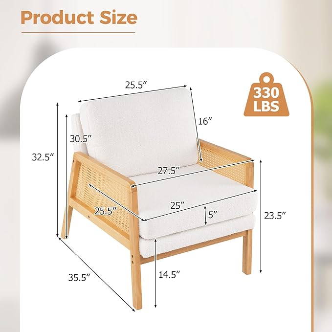 Giantex Mid Century Modern Accent Chair Boho Boucle Living Room Arm Chair w/Rattan Arms Wooden Frame Thick Cushion Pillow Sherpa Reading Side Chair for Bedroom Balcony Natural+Beige