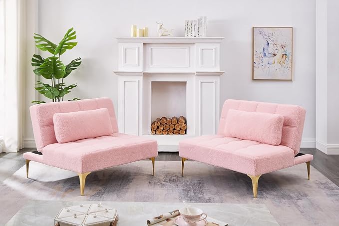 71 Sectional Sofa Bed Convertible Futon Couch with Adjustable Backrest Comfy Loveseat Sleeper with 2 Pillows Modern Armless Love Seat with Gold Metal Legs for Small Living Room Bedroom Pink