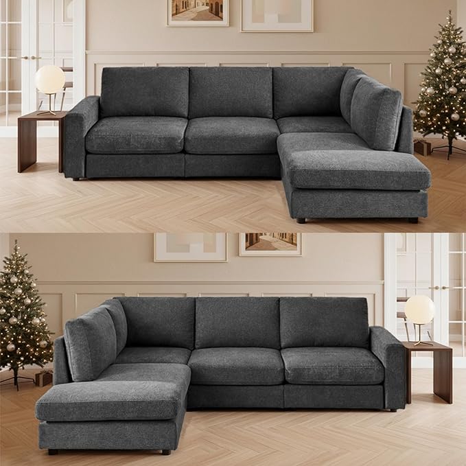 100 L-Shaped Couch with Reversible Chaise Chenille Modular Sectional Sofa 4-Seater Corner Couch for Living Room Apartment Dark Grey