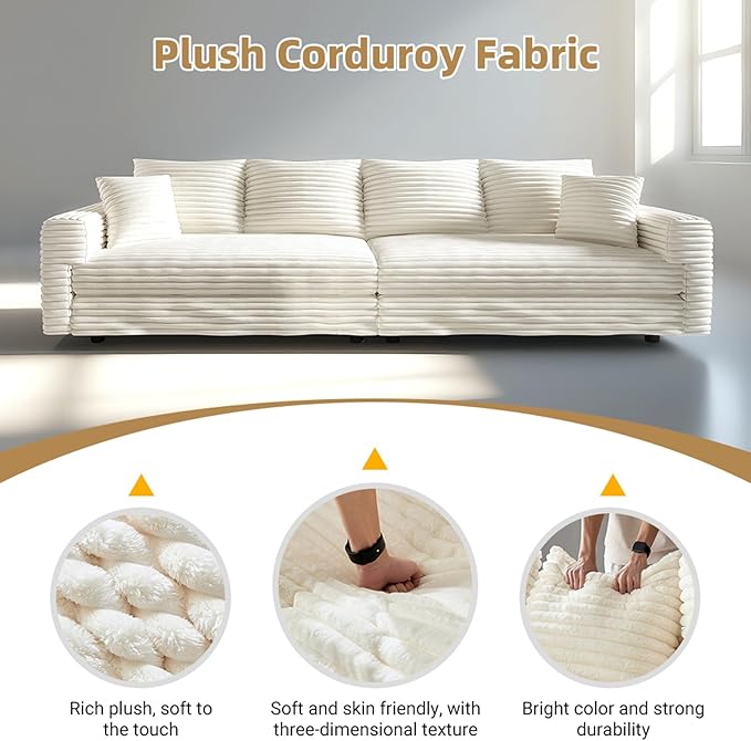 102.4'' Cloud Couch with 1 Ottoman 4 Deep Seat Convertible Modular Sectional Sofa Plush Corduroy &amp Memory Foam Couches with 6 Soft Pillows for Living Room Apartment