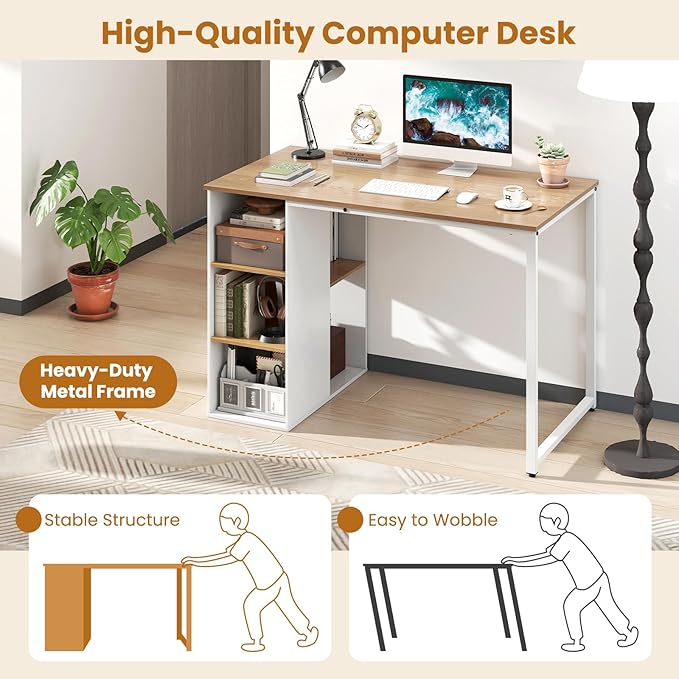 GOFLAME 45” Computer Desk Modern Home Office Desk with 5 Storage Compartments Multipurpose Writing Desk PC Workstation Laptop Desk with Heavy-Duty Metal Frame for Study Room Bedroom
