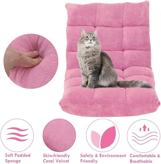 FANTASK 14-Position Sofa Folding Memory Foam Floor Chair w/Comfy Cushions &amp Study Steel Frame Angle Adjustable Floor Couch Sofa for Reading Game Meditating (Pink)