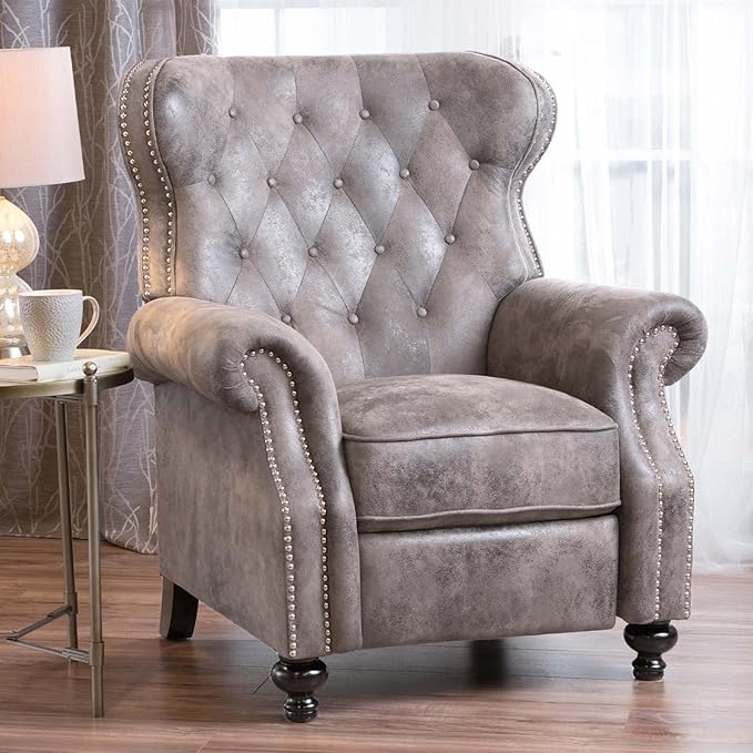 Mid Century Wingback Recliner Fabric Push Back Recliner Chair Single Rolled Armchair Sofa with Rivet Decoration Accent Chairs with Stable Hump Feet for Living Room (Brown Gray)