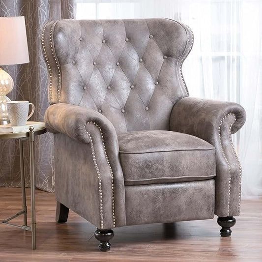 Mid Century Wingback Recliner Fabric Push Back Recliner Chair Single Rolled Armchair Sofa with Rivet Decoration Accent Chairs with Stable Hump Feet for Living Room (Brown Gray)