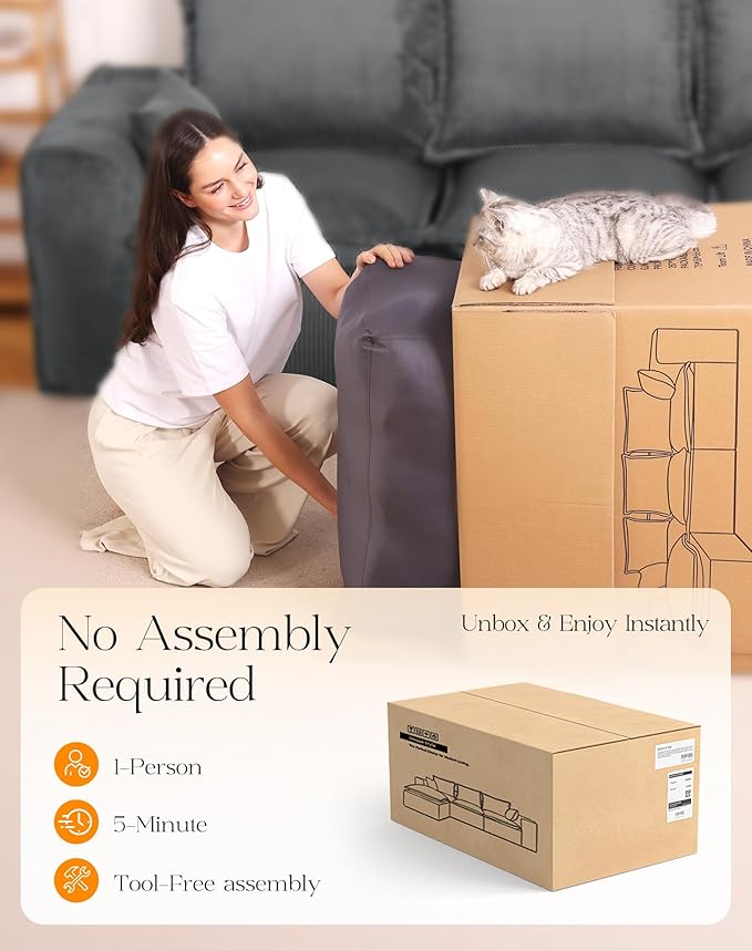 107 Boneless Comfortable Couch with Chaise L Shaped Modular Sectional Couches for Living Room Grey Corduroy Sofas with Ottoman Compressed Sofa in a Box No Assembly Required