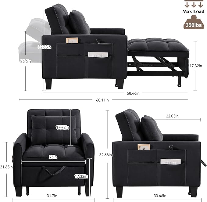 Modern Black Velvet 3 in 1 Sleeper Chair Bed Pull Out Sofa Bed Chair Adjustable Backrest 3 Reclining Positions Adult Size Indoor Use