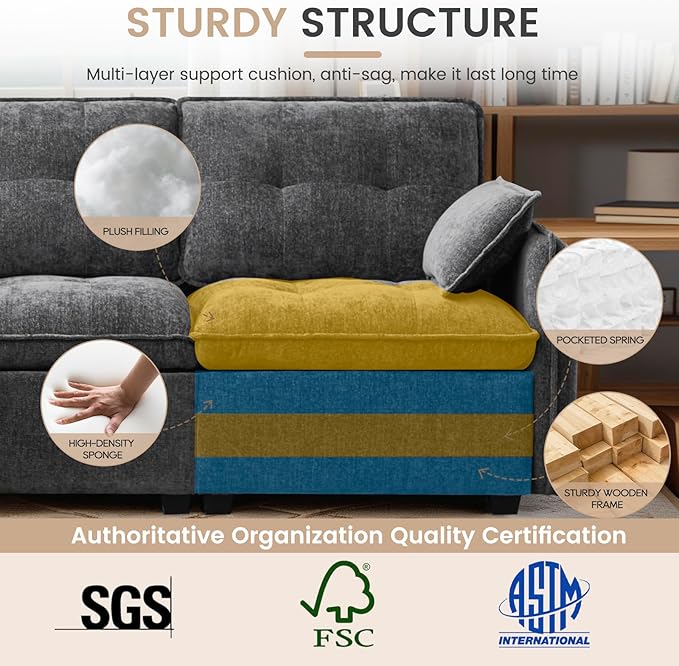 Modular Sectional Sofa 98'' Comfy Chenille L Shaped Sectional Cloud Couch with Movable Ottoman 4 Seater Deep Seat Sofa Sleeper with Throw Pillows for Living Room Office (Grey-Blue 3-seat)